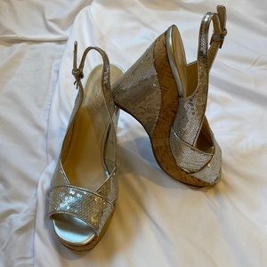 OH DEER!  Emma Silver Sequin Open Toe Wedge Size 6.5
